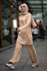 Modalamelif Yarım Balıkçı Yaka Kazayağı Desen Takım Hardal Sarısı