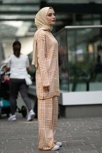 Modalamelif Yarım Balıkçı Yaka Kazayağı Desen Takım Hardal Sarısı