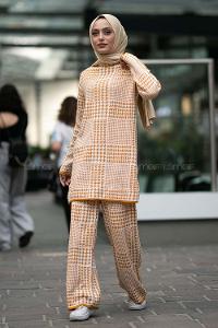 Modalamelif Yarım Balıkçı Yaka Kazayağı Desen Takım Hardal Sarısı