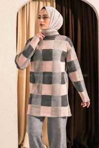 Modalamelif Balıkçı Yaka Kareli Takım Gri-Pudra