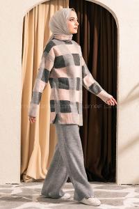 Modalamelif Balıkçı Yaka Kareli Takım Gri-Pudra