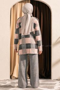 Modalamelif Balıkçı Yaka Kareli Takım Gri-Pudra