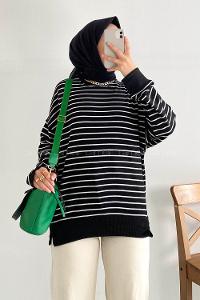 Modalamelif Bisiklet Yaka Çizgi Şeritli Bertie Sweat Siyah