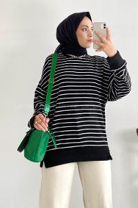 Modalamelif Bisiklet Yaka Çizgi Şeritli Bertie Sweat Siyah