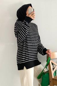 Modalamelif Bisiklet Yaka Çizgi Şeritli Bertie Sweat Siyah