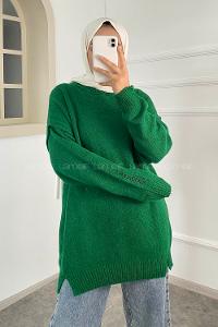 Modalamelif Bisiklet Yaka Kolu Yazı Nakış Detaylı Bertie Triko Kazak Yeşil