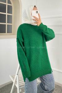 Modalamelif Bisiklet Yaka Kolu Yazı Nakış Detaylı Bertie Triko Kazak Yeşil