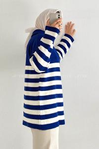 Modalamelif Boğazlı Yarım Fermuar Detaylı Çizgi Desenli Triko Kazak Lacivert