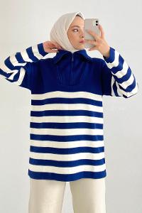 Modalamelif Boğazlı Yarım Fermuar Detaylı Çizgi Desenli Triko Kazak Lacivert