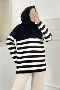 Modalamelif Boğazlı Yarım Fermuar Detaylı Çizgi Desenli Triko Kazak Siyah