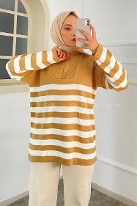 Modalamelif Boğazlı Yarım Fermuar Detaylı Çizgi Desenli Triko Kazak Sütlükahve
