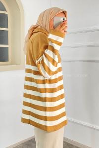 Modalamelif Boğazlı Yarım Fermuar Detaylı Çizgi Desenli Triko Kazak Sütlükahve