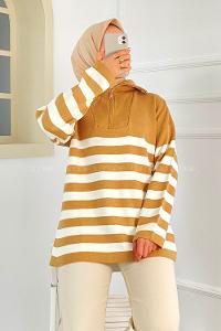 Modalamelif Boğazlı Yarım Fermuar Detaylı Çizgi Desenli Triko Kazak Sütlükahve