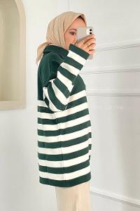 Modalamelif Boğazlı Yarım Fermuar Detaylı Çizgi Desenli Triko Kazak Zümrüt