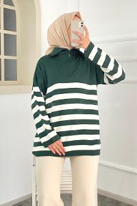 Modalamelif Boğazlı Yarım Fermuar Detaylı Çizgi Desenli Triko Kazak Zümrüt