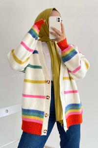 Modalamelif Çizgi Şerit Desenli Önü Boydan Düğmeli Triko Hırka Çokrenkli