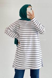 Modalamelif Kaktüs Nakışlı Çizgili Tunik Beyaz