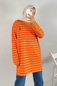 Modalamelif Kaktüs Nakışlı Çizgili Tunik Oranj