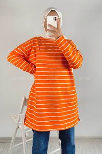 Modalamelif Kaktüs Nakışlı Çizgili Tunik Oranj