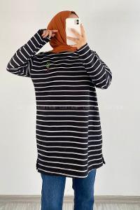 Modalamelif Kaktüs Nakışlı Çizgili Tunik Siyah