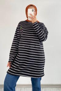 Modalamelif Kaktüs Nakışlı Çizgili Tunik Siyah