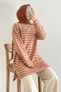 Modalamelif Kaktüs Nakışlı Çizgili Tunik Sütlü Kahve