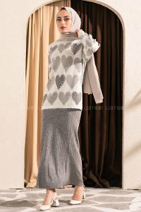 Modalamelif Kalp Desen Boncuk İşlemeli Etekli Takım Gri