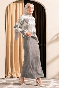 Modalamelif Kalp Desen Boncuk İşlemeli Etekli Takım Gri