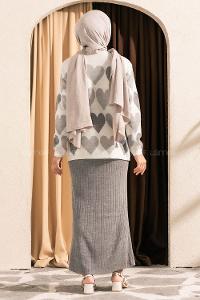 Modalamelif Kalp Desen Boncuk İşlemeli Etekli Takım Gri