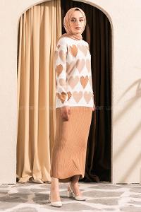 Modalamelif Kalp Desen Boncuk İşlemeli Etekli Takım Sütlü Kahve