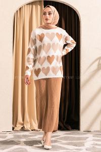 Modalamelif Kalp Desen Boncuk İşlemeli Etekli Takım Sütlü Kahve