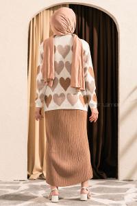 Modalamelif Kalp Desen Boncuk İşlemeli Etekli Takım Sütlü Kahve