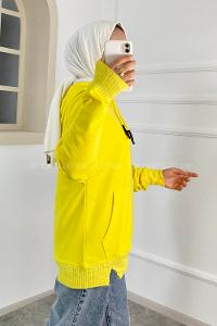 Modalamelif Kanguru Cep Kapüşon Detaylı Düz Vallyn Sweat Neon Sarı