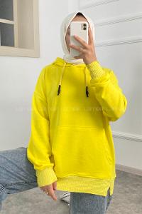 Modalamelif Kanguru Cep Kapüşon Detaylı Düz Vallyn Sweat Neon Sarı