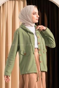 Modalamelif Kapişon Yaka Önü Düğmeli Süs Çift Cepli Ceket Çağla Yeşili