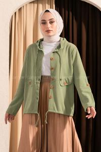 Modalamelif Kapişon Yaka Önü Düğmeli Süs Çift Cepli Ceket Çağla Yeşili