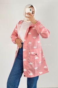 Modalamelif Kapşonlu Bulut Desen Yağmurluk Pudra