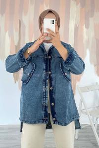 Modalamelif Kapşonlu Önü Boydan Düğmeli Çift Cepli Kot Ceket Kot Mavisi