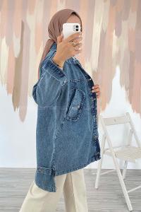 Modalamelif Kapşonlu Önü Boydan Düğmeli Çift Cepli Kot Ceket Kot Mavisi