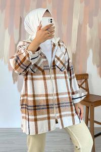 Modalamelif Kapüşon Detaylı Çift Cepli Fermuarlı  Gömlek Sütlü Kahve