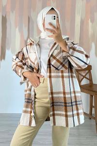 Modalamelif Kapüşon Detaylı Çift Cepli Fermuarlı  Gömlek Sütlü Kahve