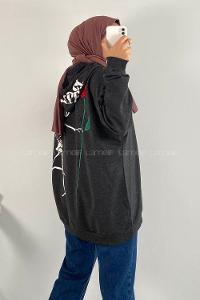 Modalamelif Kapüşon Detaylı İskelet ve Gül Desenli Begonıa Sweat Antrasit