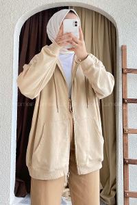 Modalamelif Kapüşon Detaylı Kanguru Cepli Oversize Sweat Bej