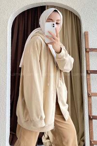 Modalamelif Kapüşon Detaylı Kanguru Cepli Oversize Sweat Bej