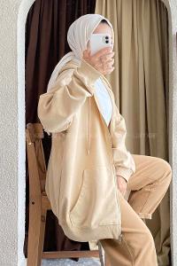 Modalamelif Kapüşon Detaylı Kanguru Cepli Oversize Sweat Bej