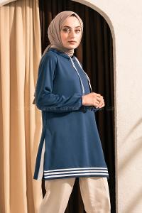 Modalamelif Kapüşonlu Etek Ucu Ribanalı Tunik İndigo