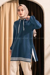 Modalamelif Kapüşonlu Etek Ucu Ribanalı Tunik İndigo