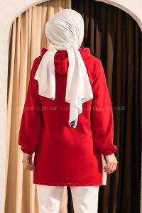 Modalamelif Kapüşonlu Etek Ucu Ribanalı Tunik Kırmızı