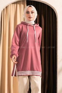 Modalamelif Kapüşonlu Etek Ucu Ribanalı Tunik Pudra