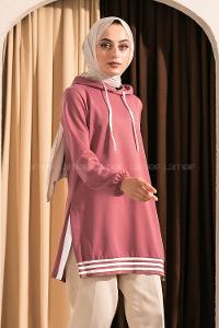 Modalamelif Kapüşonlu Etek Ucu Ribanalı Tunik Pudra